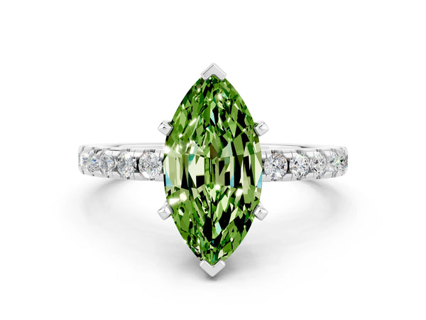 White gold Marquise Cut Peridot Solitaire Ring with Round  Pavé Band and Four-Prong Setting