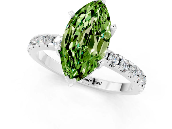 White gold Marquise Cut Peridot Solitaire Ring with Round  Pavé Band and Four-Prong Setting