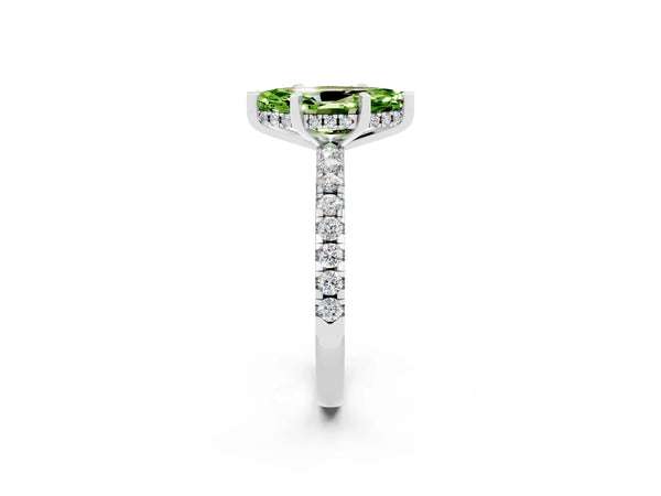 White gold Marquise Cut Peridot Solitaire Ring with Round  Pavé Band and Four-Prong Setting