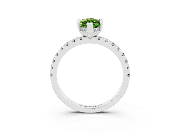 White gold Marquise Cut Peridot Solitaire Ring with Round  Pavé Band and Four-Prong Setting