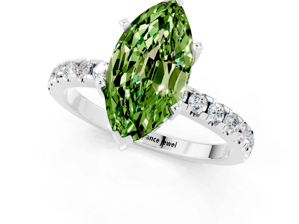 White gold Marquise Cut Peridot Solitaire Ring with Round Pavé Band and Four-Prong Setting