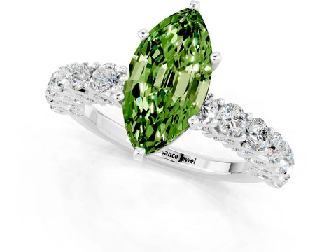 White gold Marquise Cut Peridot Solitaire Ring with Shared Prong Pavé Band and Four-Prong Setting_1
