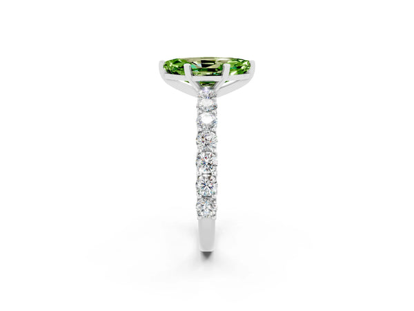 Silver Marquise Cut Peridot Solitaire Ring with Shared Prong Pavé Band and Four-Prong Setting