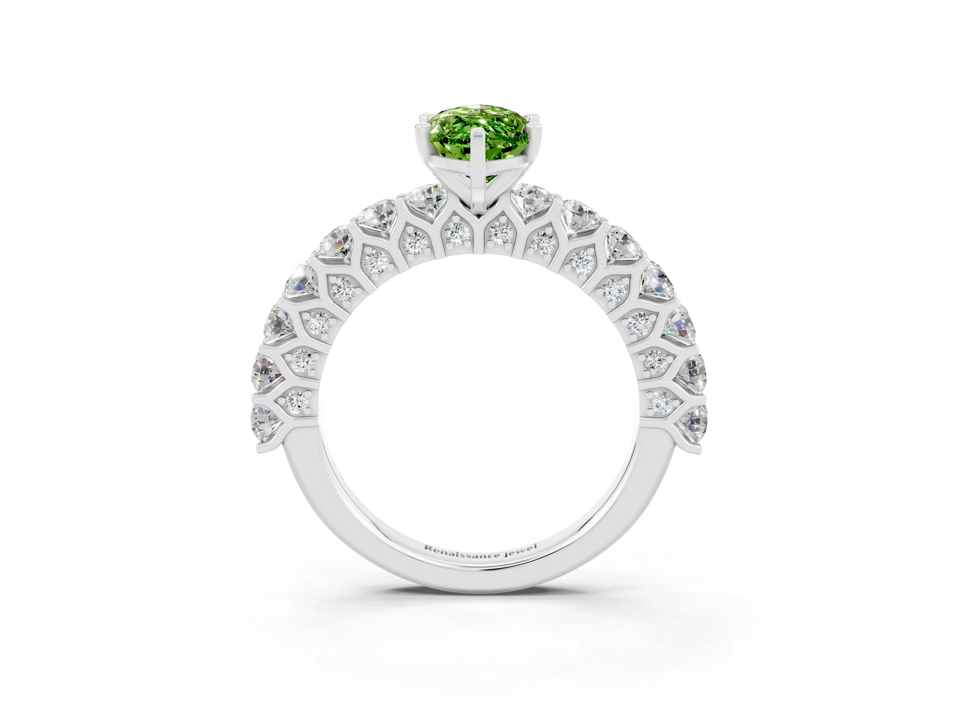 White gold Marquise Cut Peridot Solitaire Ring with Shared Prong Pavé Band and Four-Prong Setting_3