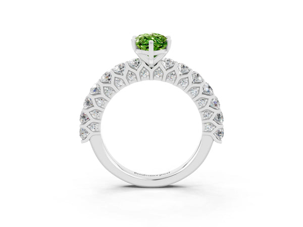 White gold Marquise Cut Peridot Solitaire Ring with Shared Prong Pavé Band and Four-Prong Setting