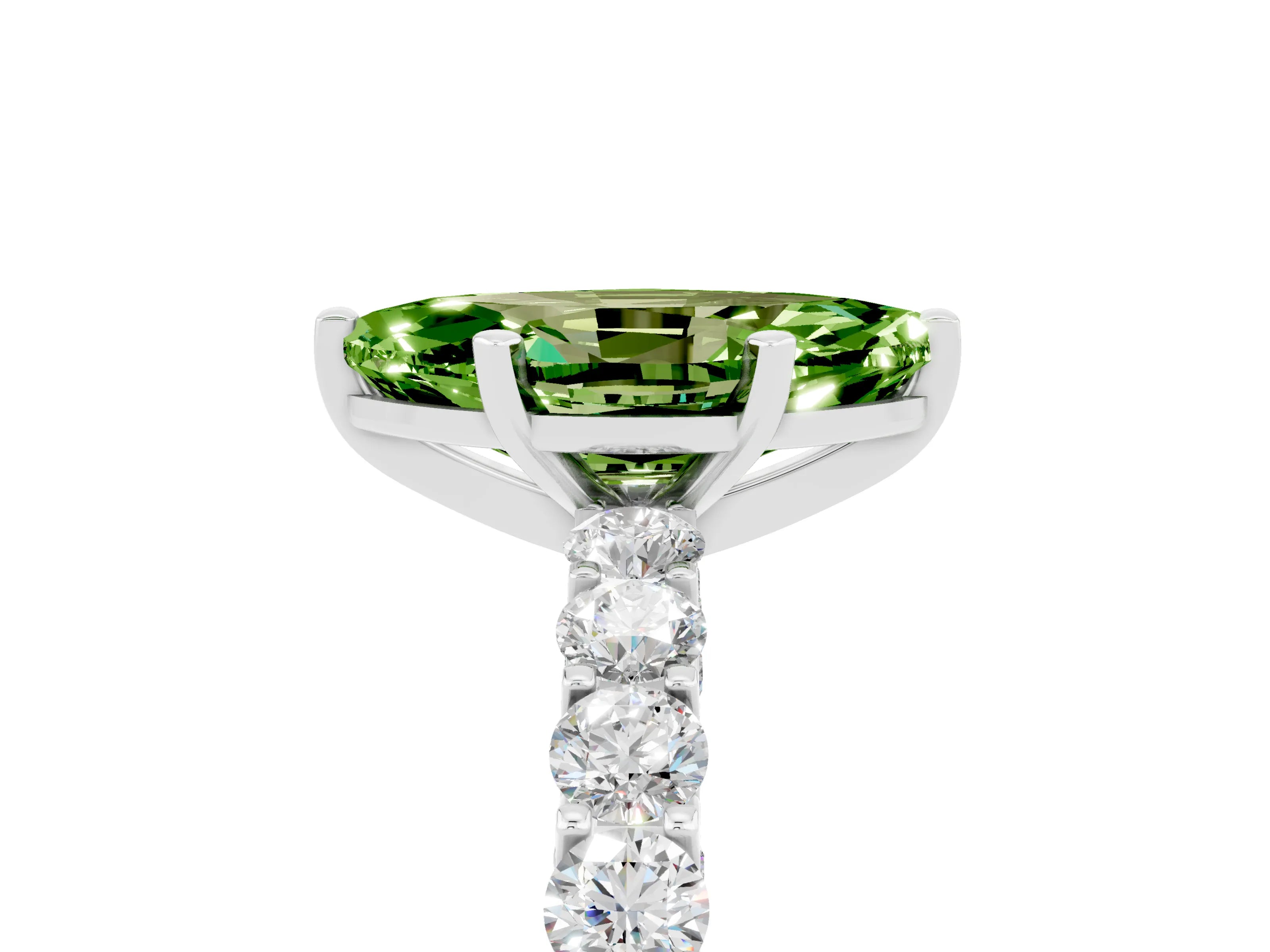 White gold Marquise Cut Peridot Solitaire Ring with Shared Prong Pavé Band and Four-Prong Setting_5