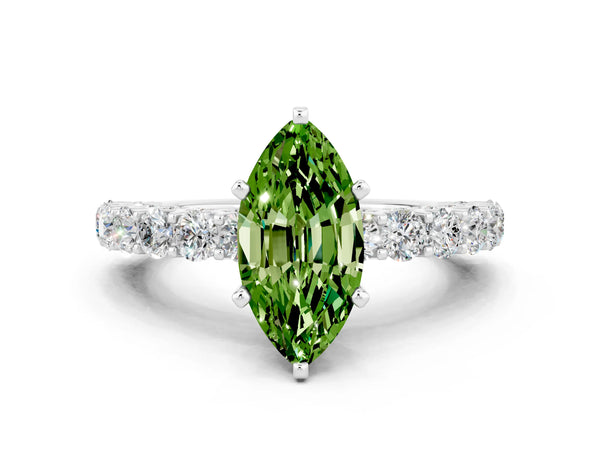 White gold Marquise Cut Peridot Solitaire Ring with Shared Prong Pavé Band and Four-Prong Setting