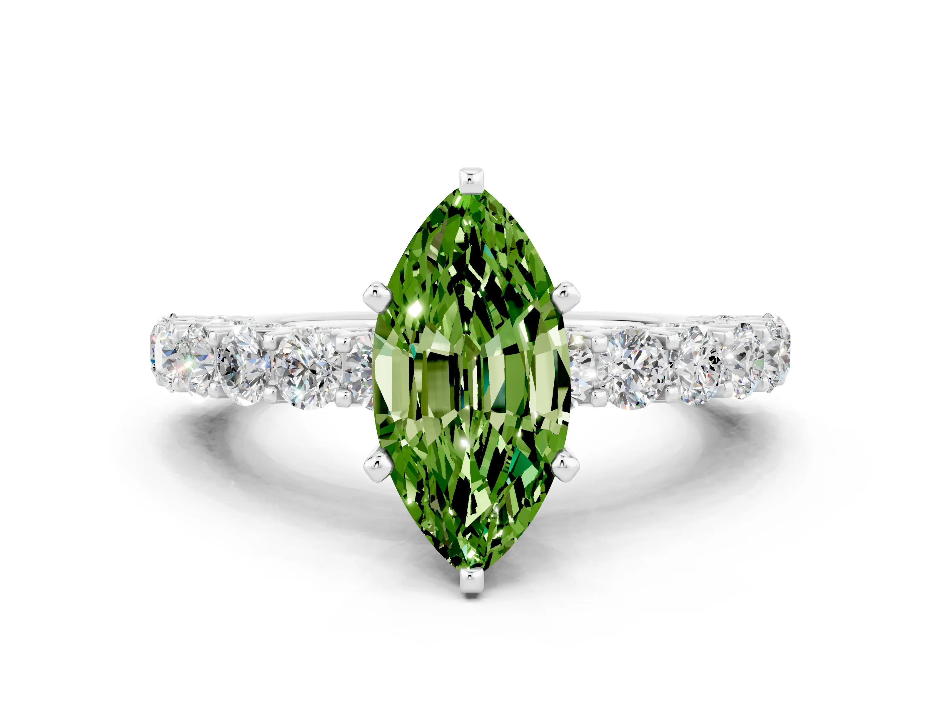 White gold Marquise Cut Peridot Solitaire Ring with Shared Prong Pavé Band and Four-Prong Setting