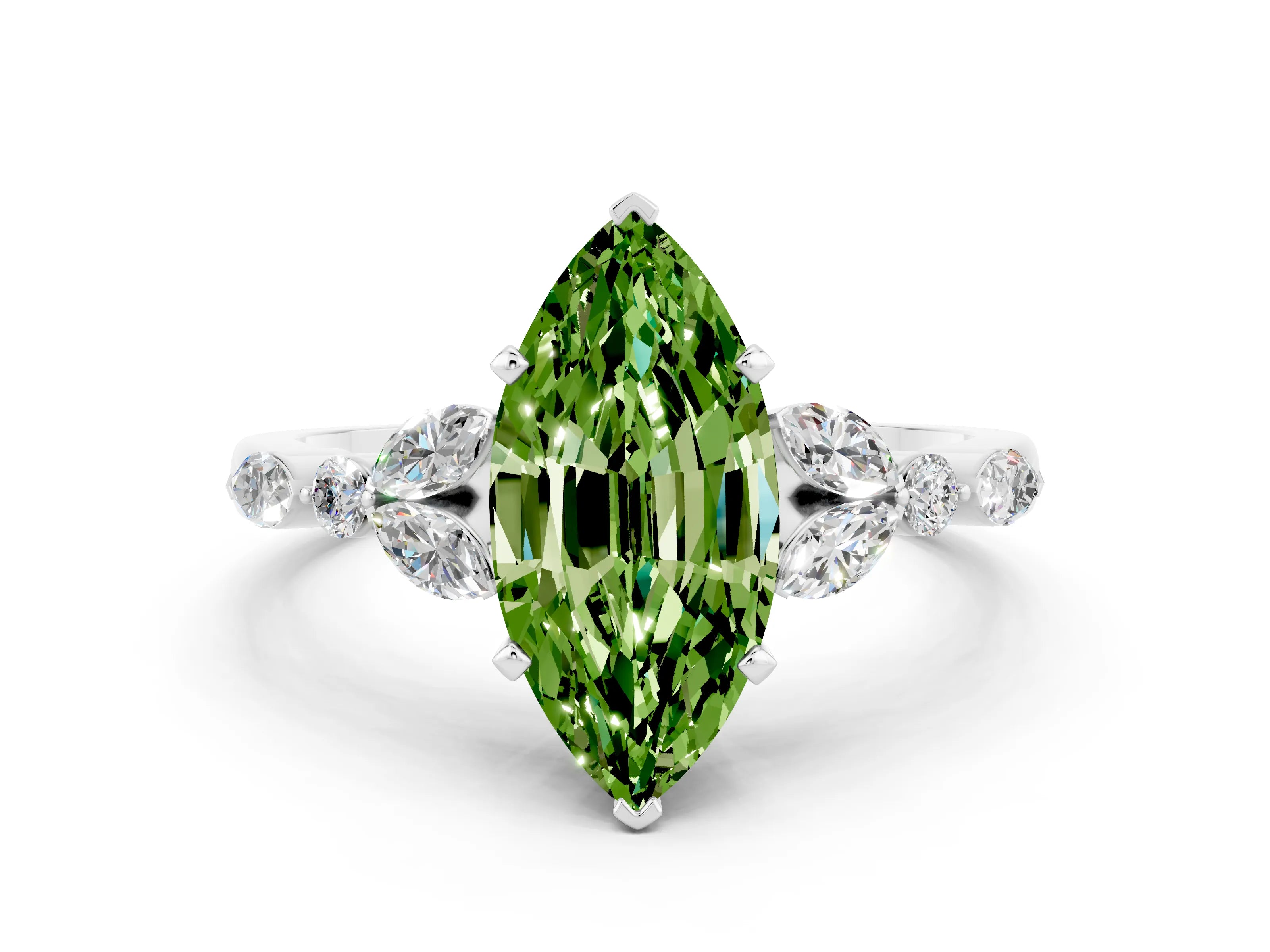 White gold Marquise Cut Peridot Solitaire Ring with Side Stones and Four-Prong Setting_12