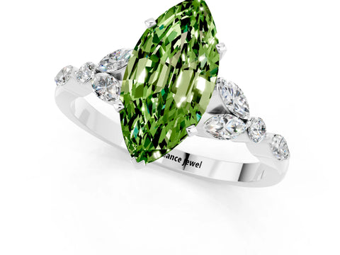 White gold Marquise Cut Peridot Solitaire Ring with Side Stones and Four-Prong Setting_13