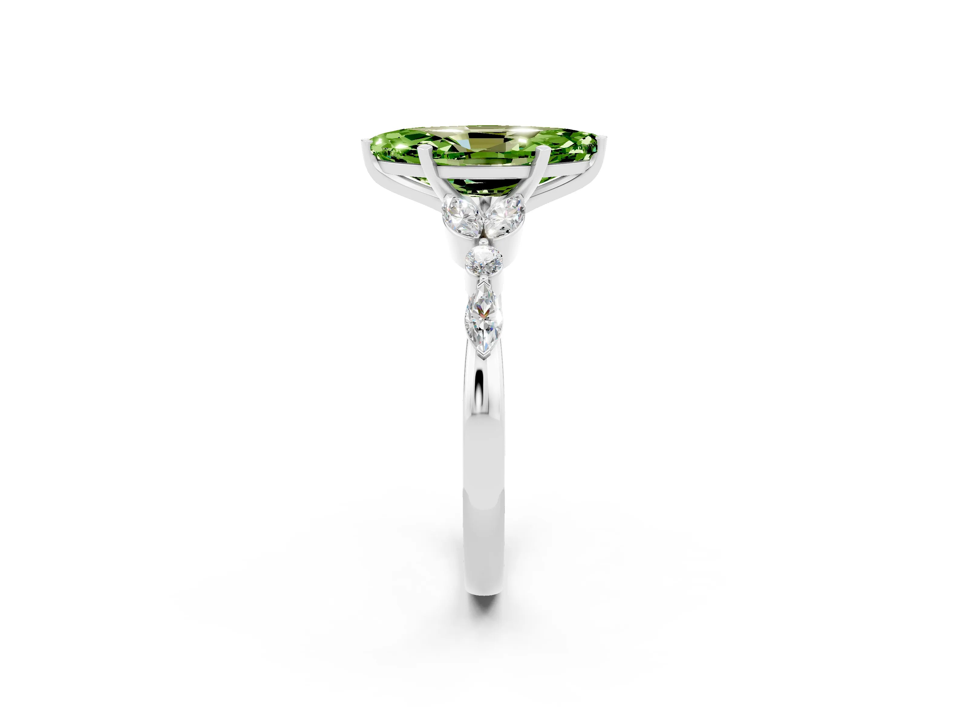 White gold Marquise Cut Peridot Solitaire Ring with Side Stones and Four-Prong Setting_14