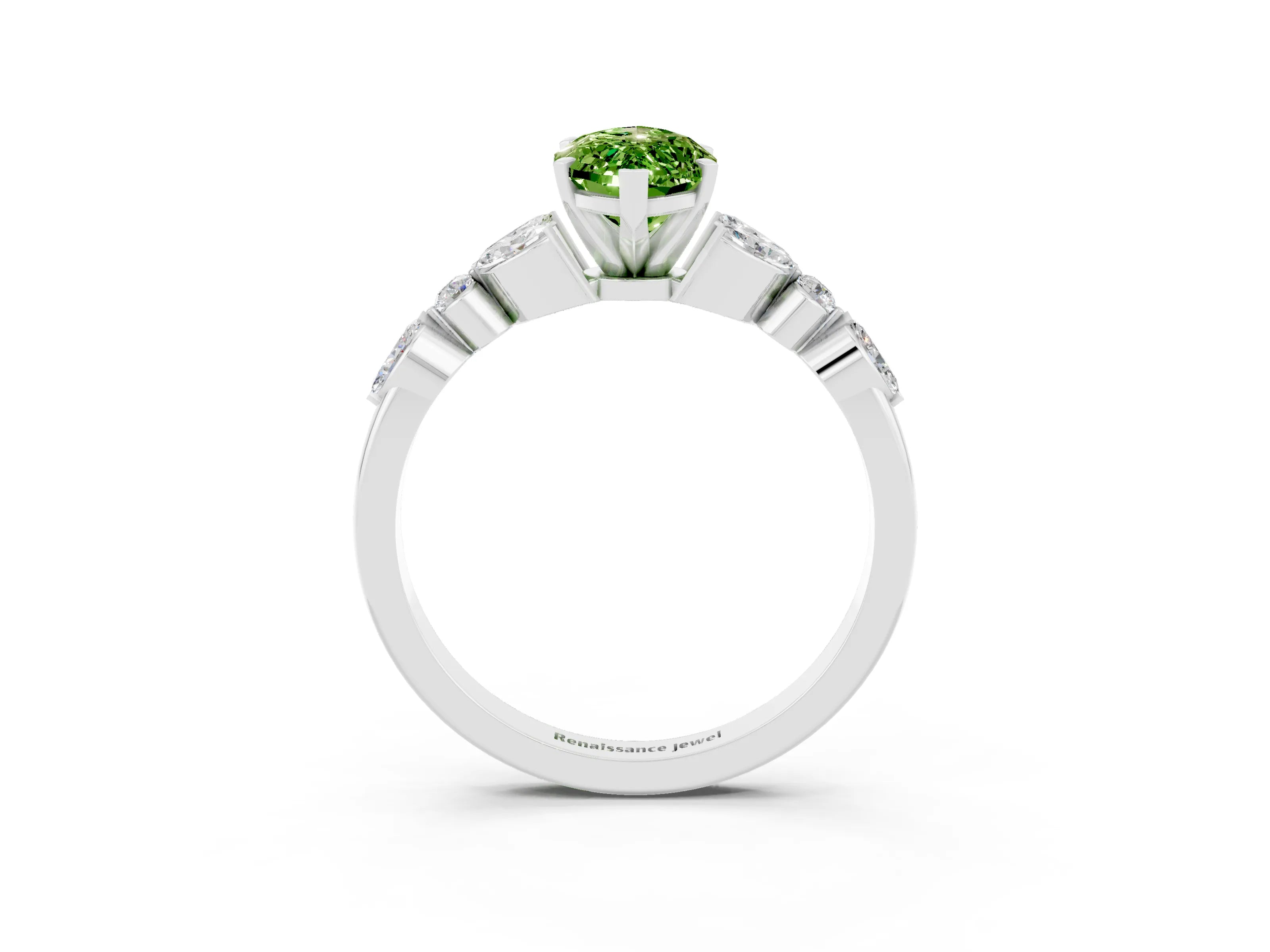 White gold Marquise Cut Peridot Solitaire Ring with Side Stones and Four-Prong Setting_15