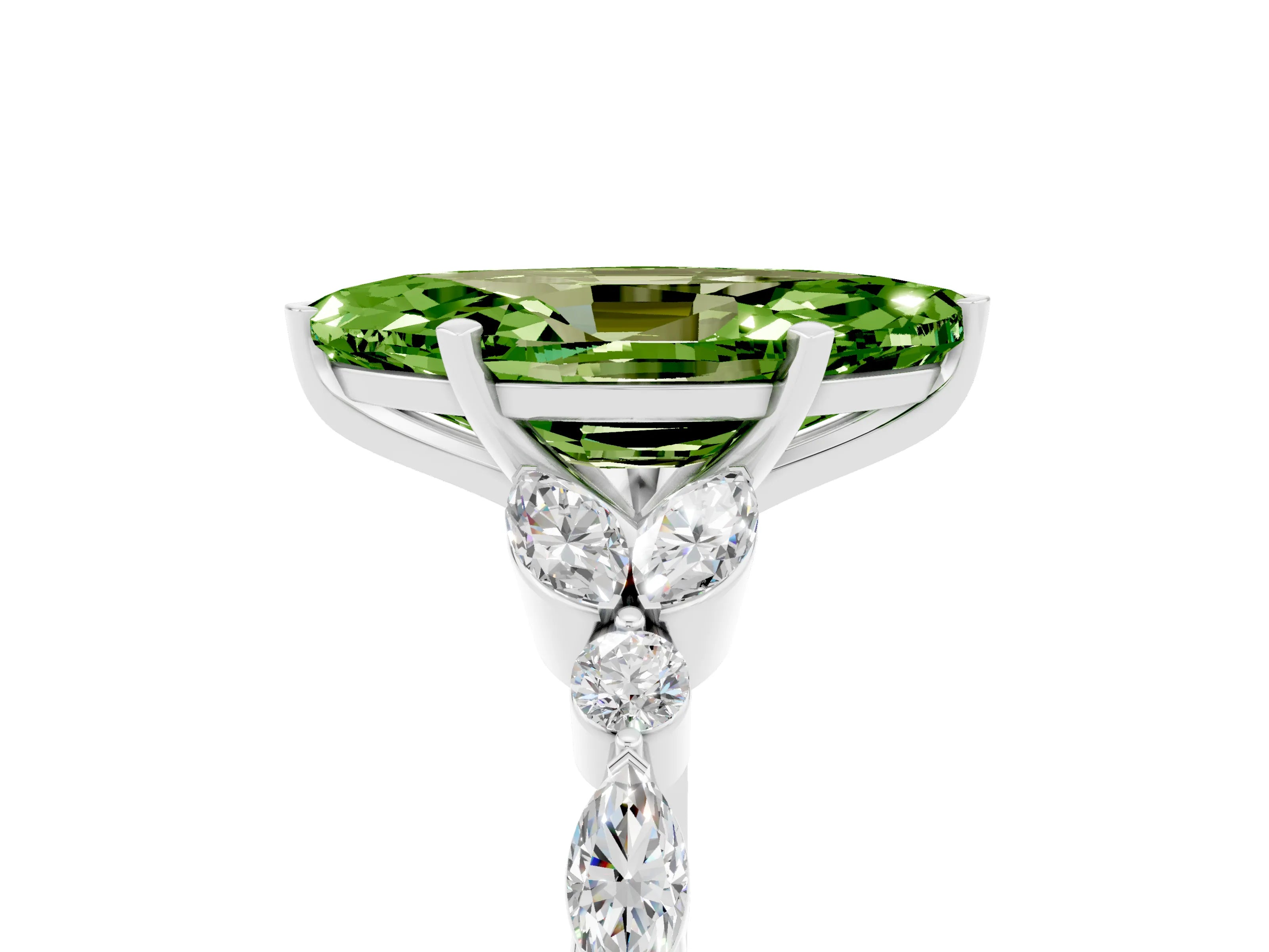 White gold Marquise Cut Peridot Solitaire Ring with Side Stones and Four-Prong Setting_17