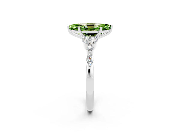 White gold Marquise Cut Peridot Solitaire Ring with Side Stones and Four-Prong Setting