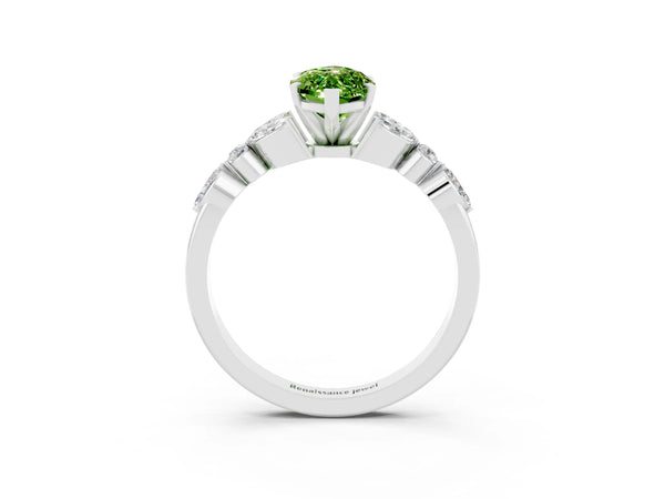 White gold Marquise Cut Peridot Solitaire Ring with Side Stones and Four-Prong Setting
