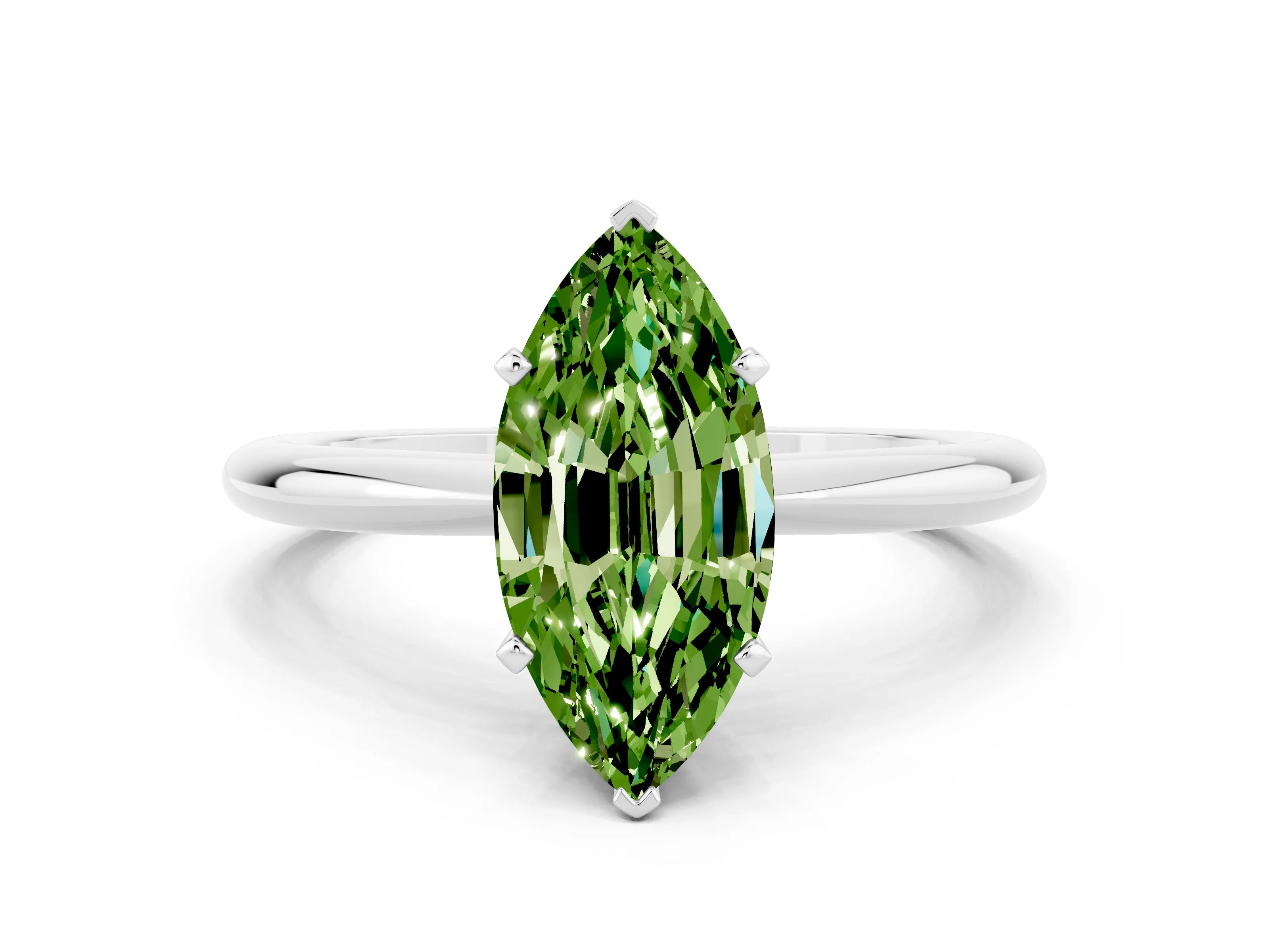 White gold Marquise Cut Peridot Solitaire Ring with Six-Prong Setting and Classic Band