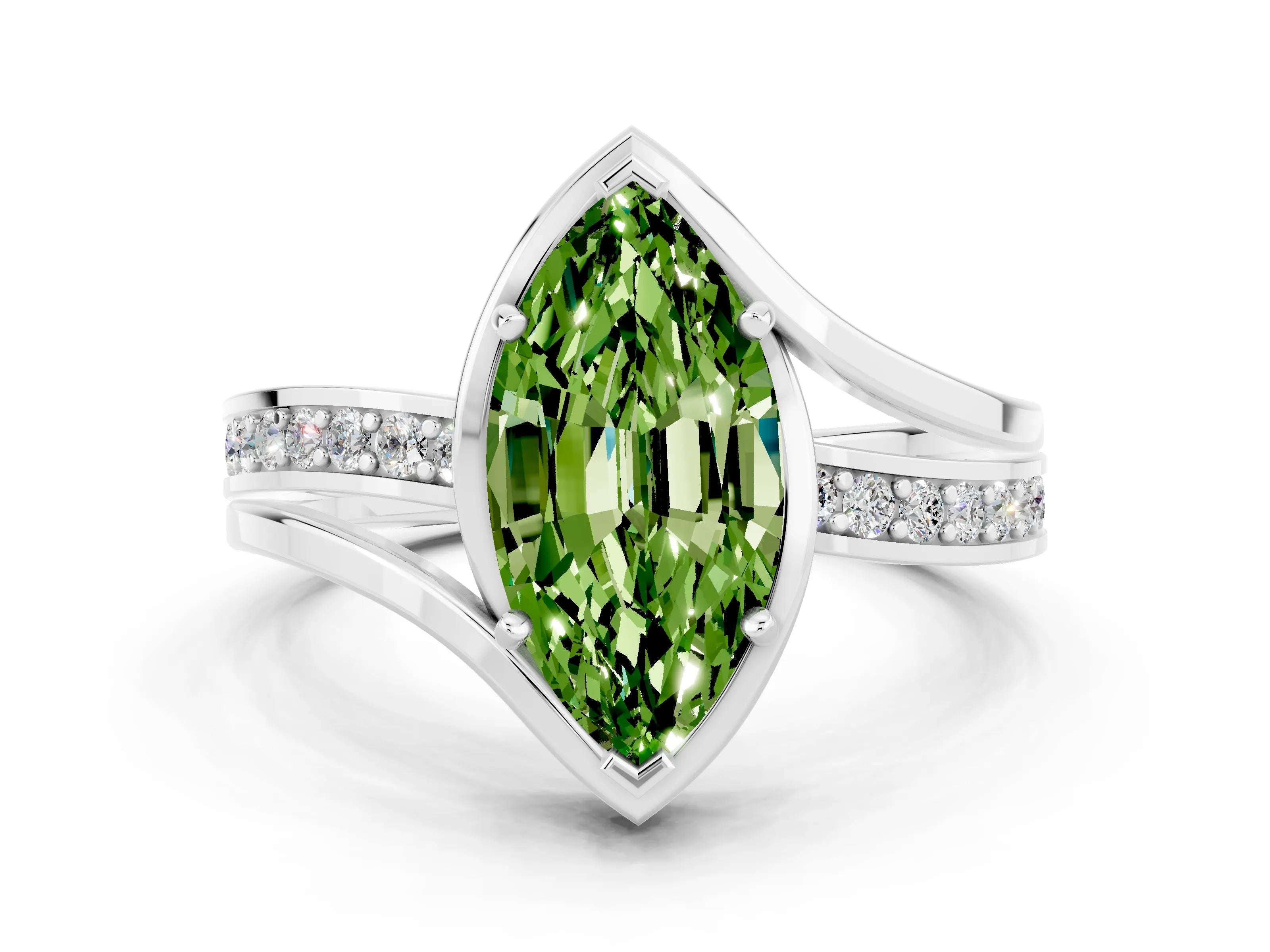 White gold Marquise Cut Peridot Solitaire Ring with Split Shank and Prong Setting