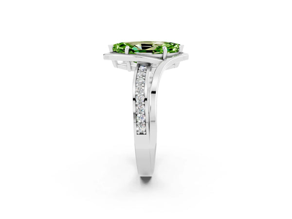 Silver Marquise Cut Peridot Solitaire Ring with Split Shank and Prong Setting