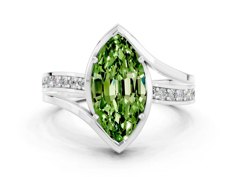 White gold Marquise Cut Peridot Solitaire Ring with Split Shank and Prong Setting