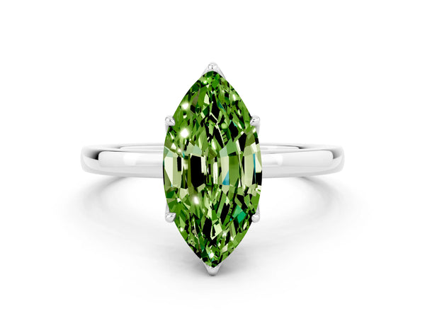 Platinum Marquise Cut Peridot Solitaire Ring with Thin Band and Prong Setting