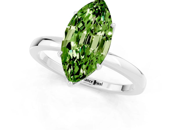 Platinum Marquise Cut Peridot Solitaire Ring with Thin Band and Prong Setting