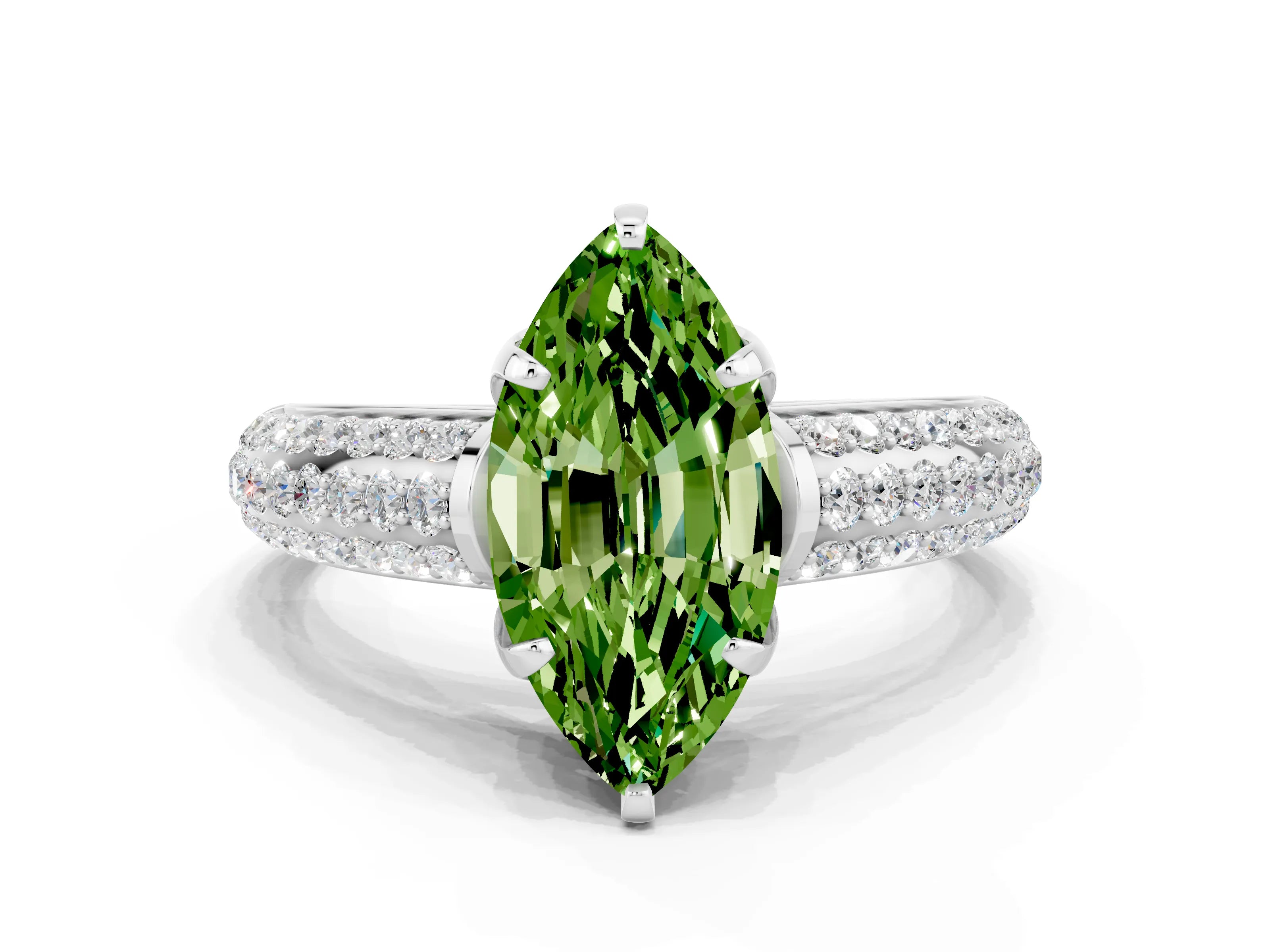 White gold Marquise Cut Peridot Solitaire Ring with Three-Row Pavé Band and Four-Prong Setting_12