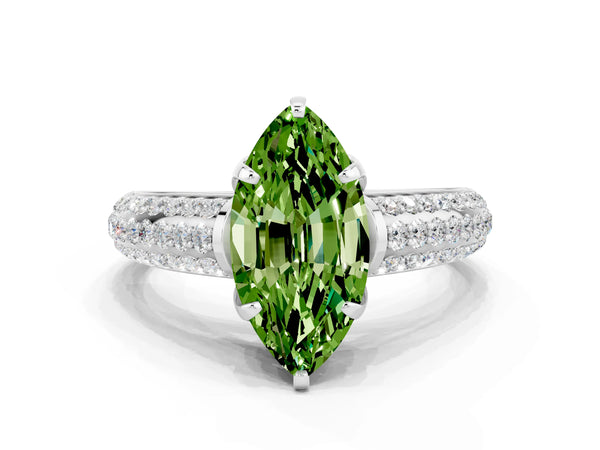 Silver Marquise Cut Peridot Solitaire Ring with Three-Row Pavé Band and Four-Prong Setting