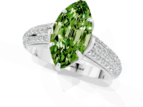 White gold Marquise Cut Peridot Solitaire Ring with Three-Row Pavé Band and Four-Prong Setting_13