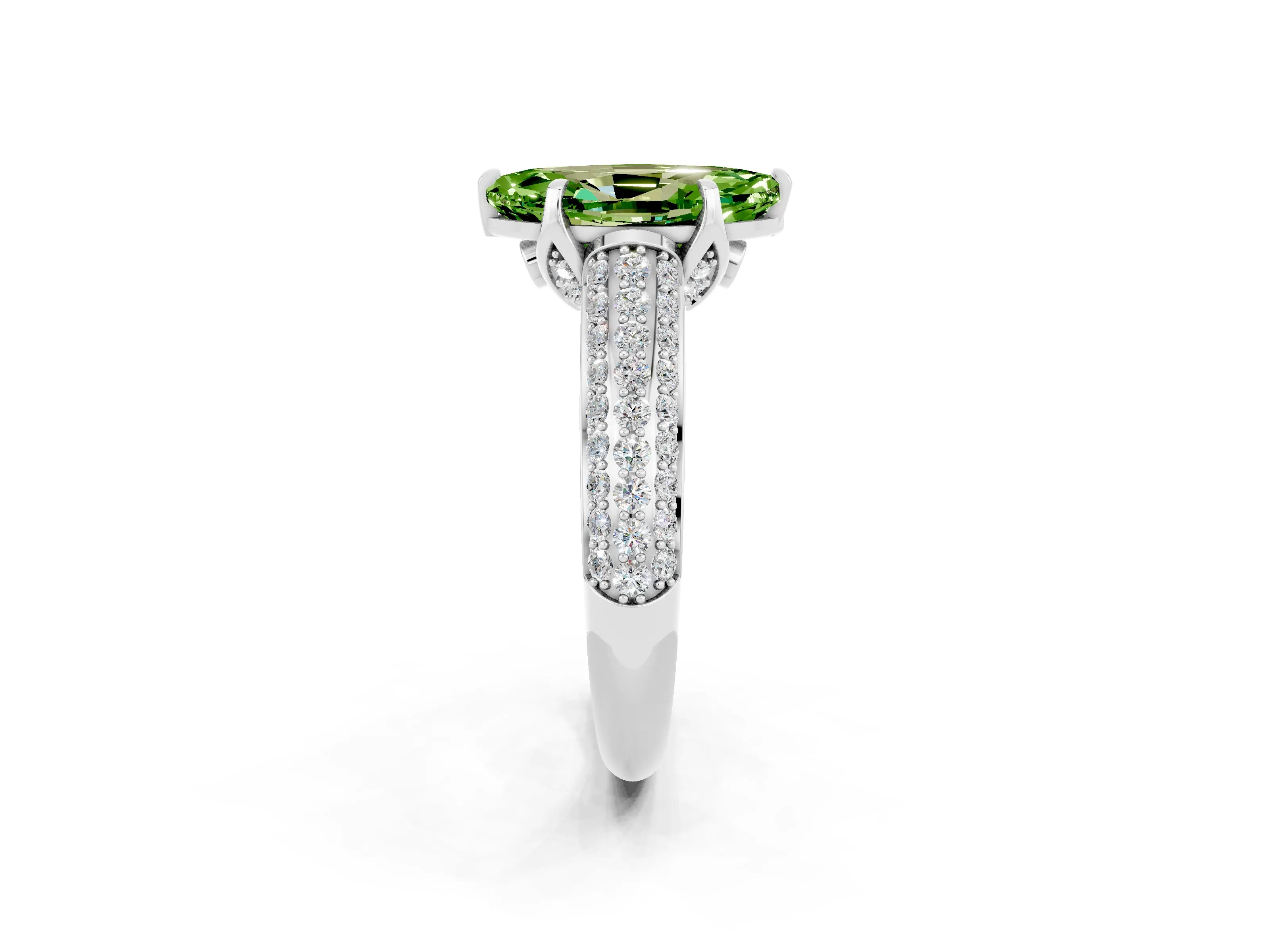 White gold Marquise Cut Peridot Solitaire Ring with Three-Row Pavé Band and Four-Prong Setting_14