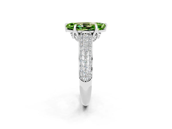 Platinum Marquise Cut Peridot Solitaire Ring with Three-Row Pavé Band and Four-Prong Setting