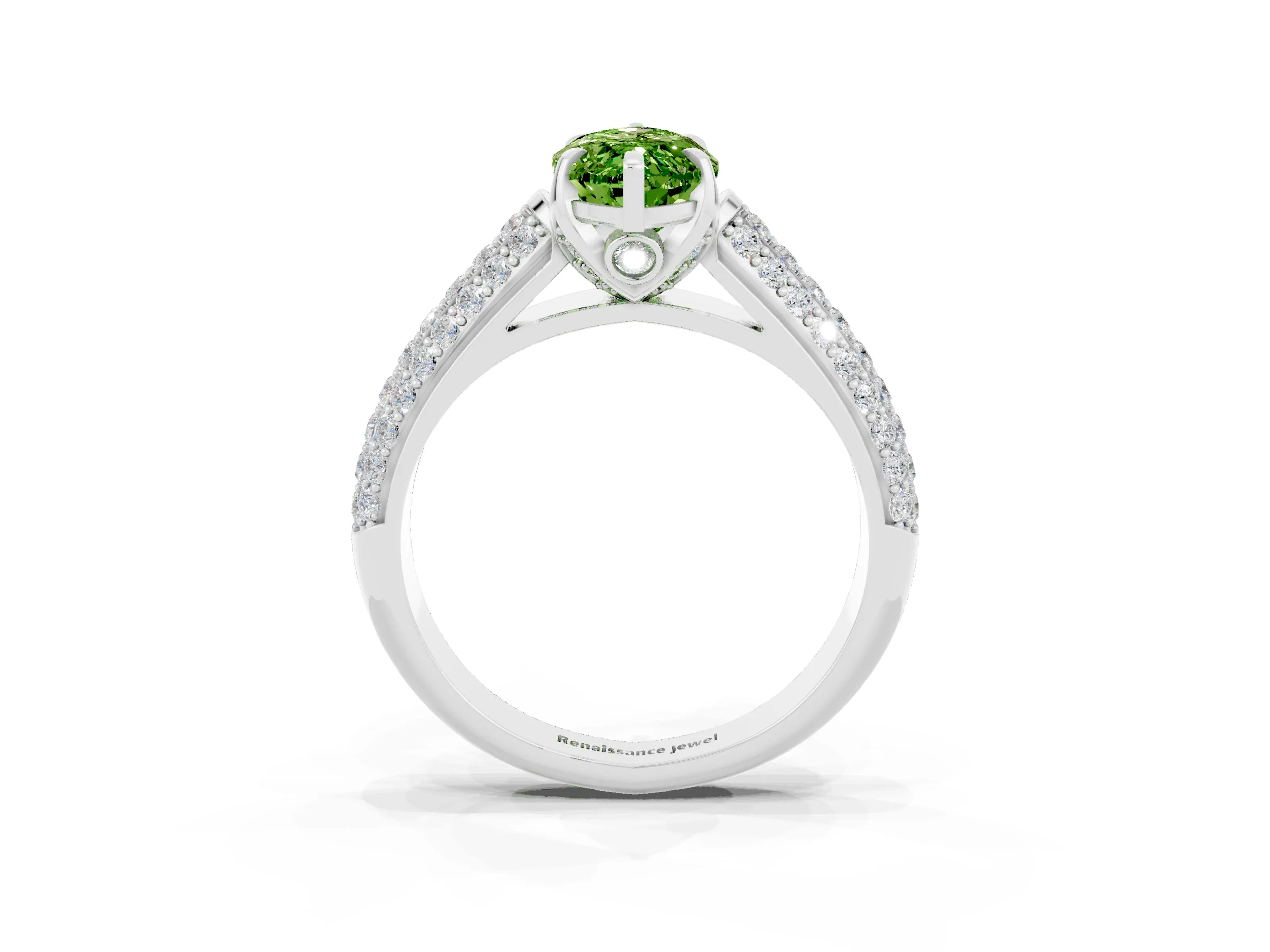 White gold Marquise Cut Peridot Solitaire Ring with Three-Row Pavé Band and Four-Prong Setting_15