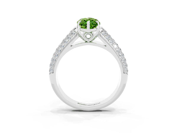 White gold Marquise Cut Peridot Solitaire Ring with Three-Row Pavé Band and Four-Prong Setting