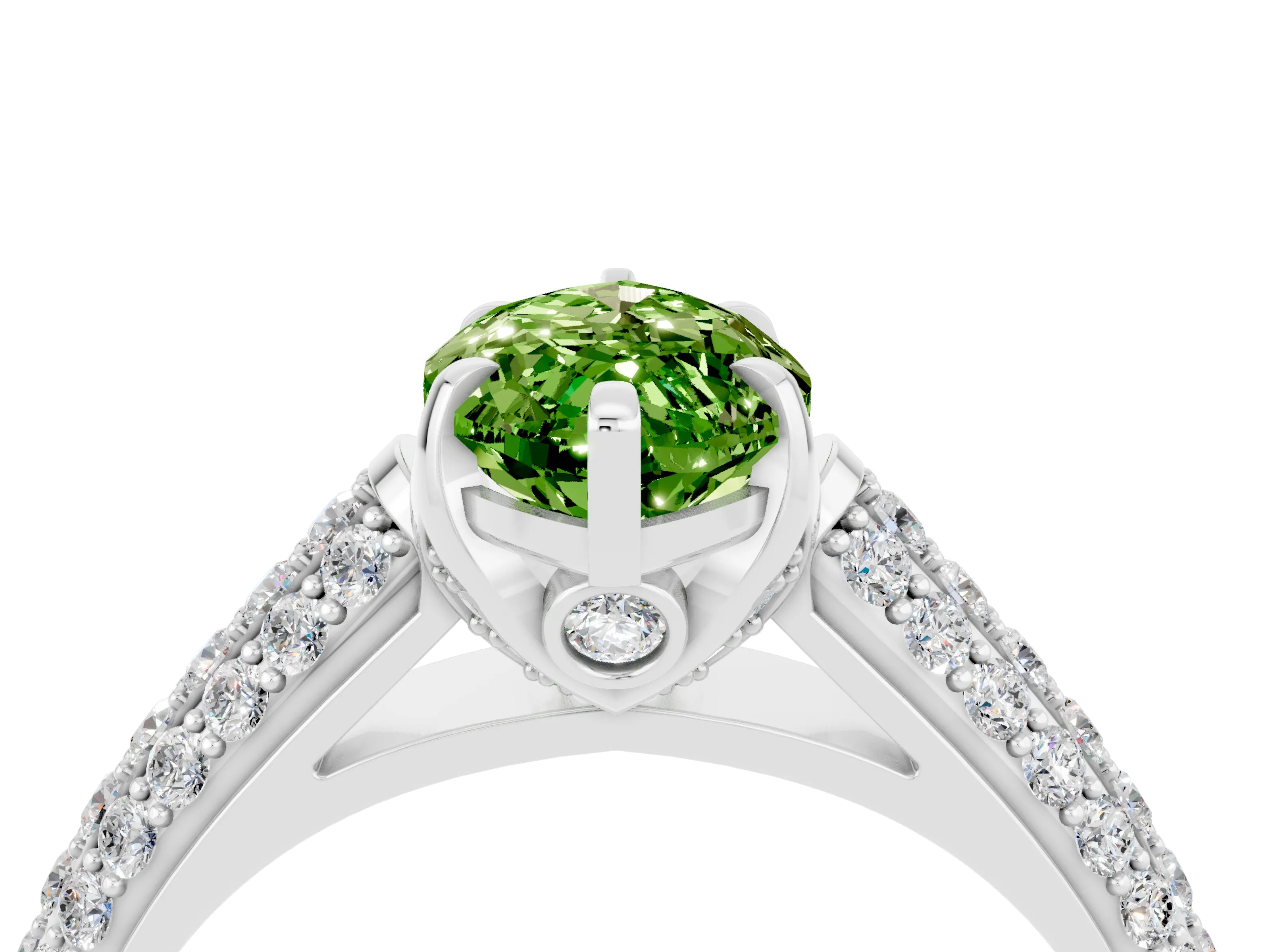 White gold Marquise Cut Peridot Solitaire Ring with Three-Row Pavé Band and Four-Prong Setting_16