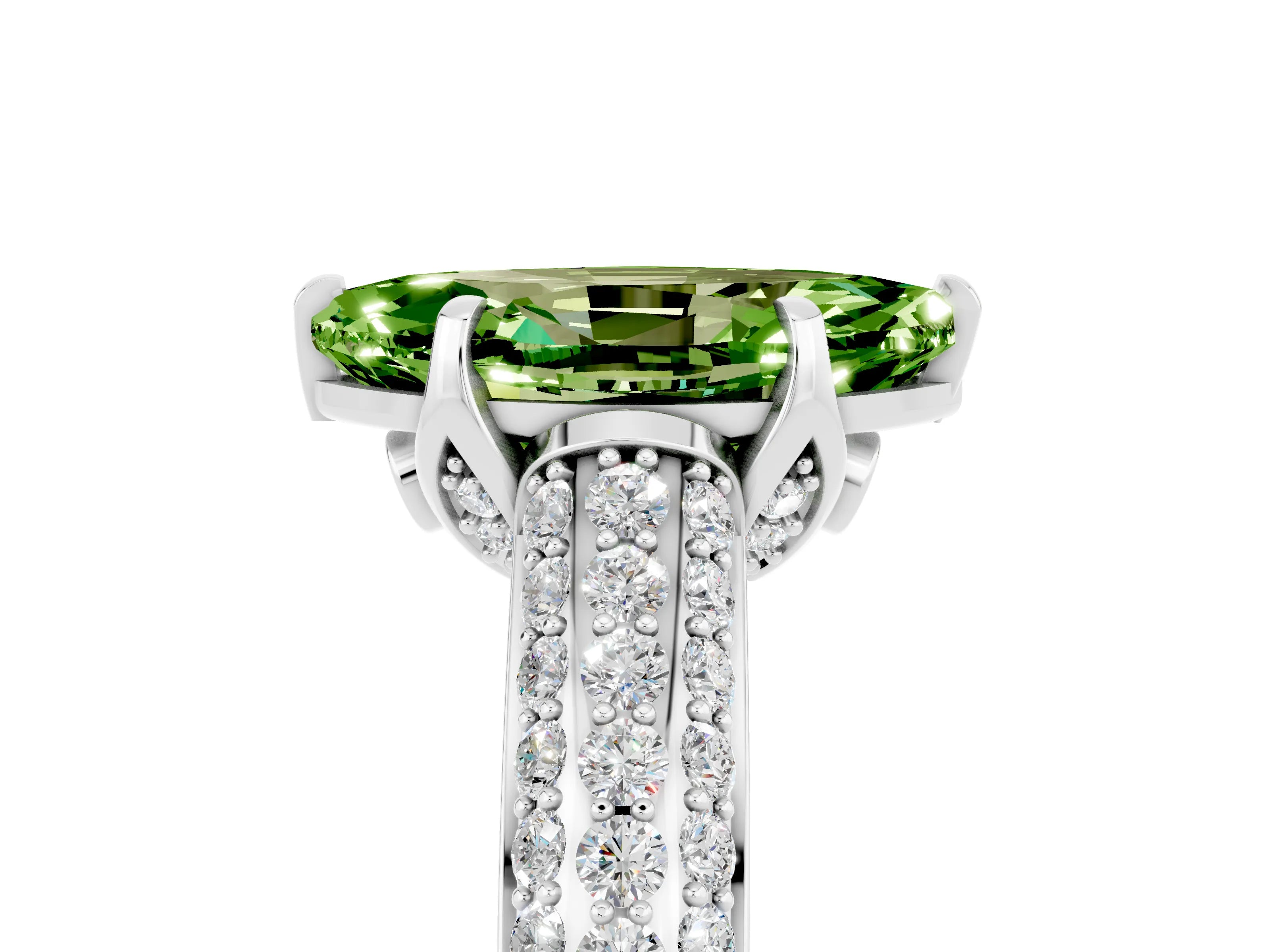 White gold Marquise Cut Peridot Solitaire Ring with Three-Row Pavé Band and Four-Prong Setting_17