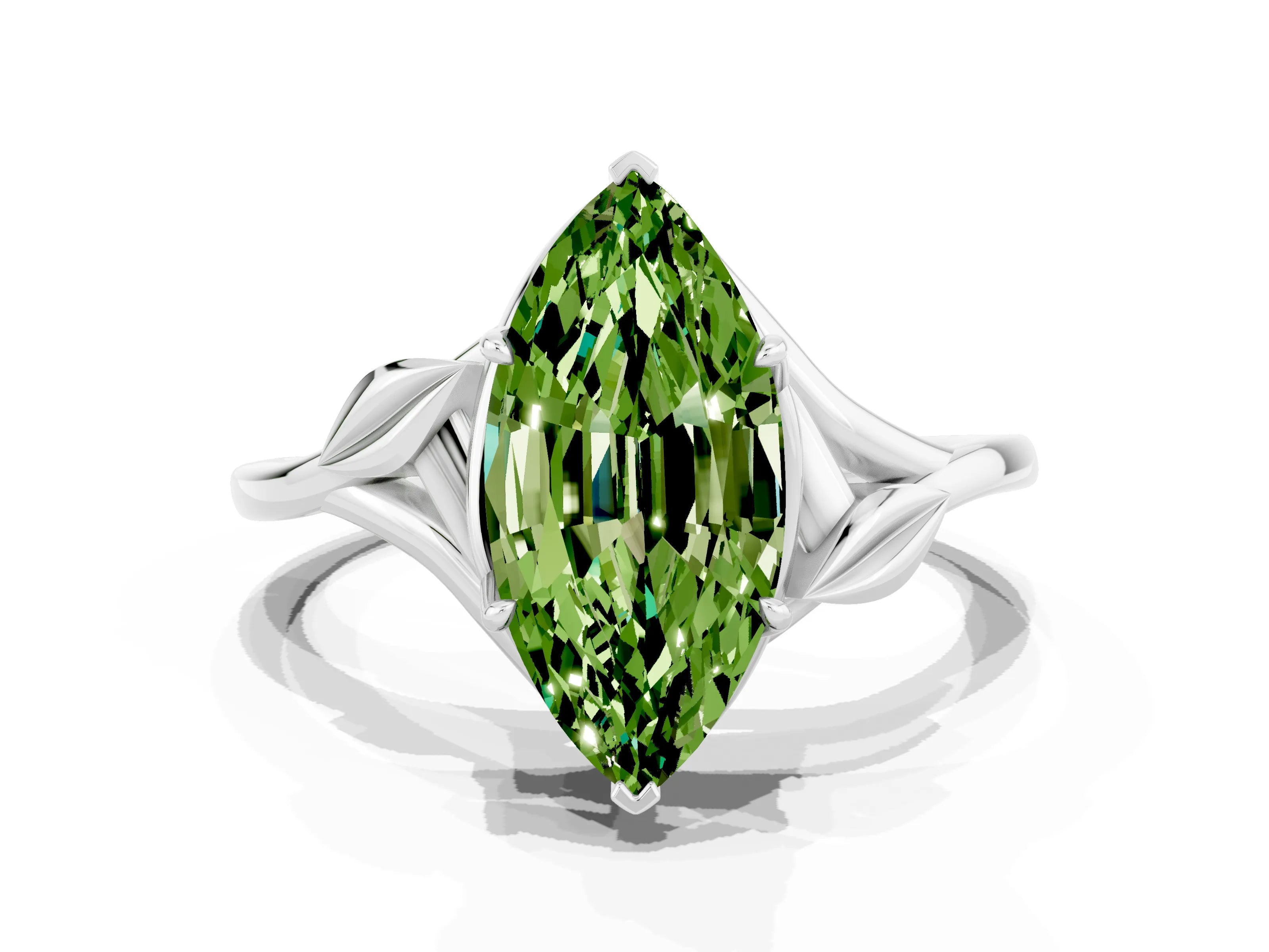 White gold Marquise Cut Peridot Solitaire Ring with Twist Band and Four-Prong Setting_12