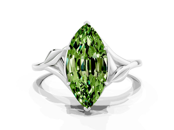 Platinum Marquise Cut Peridot Solitaire Ring with Twist Band and Four-Prong Setting