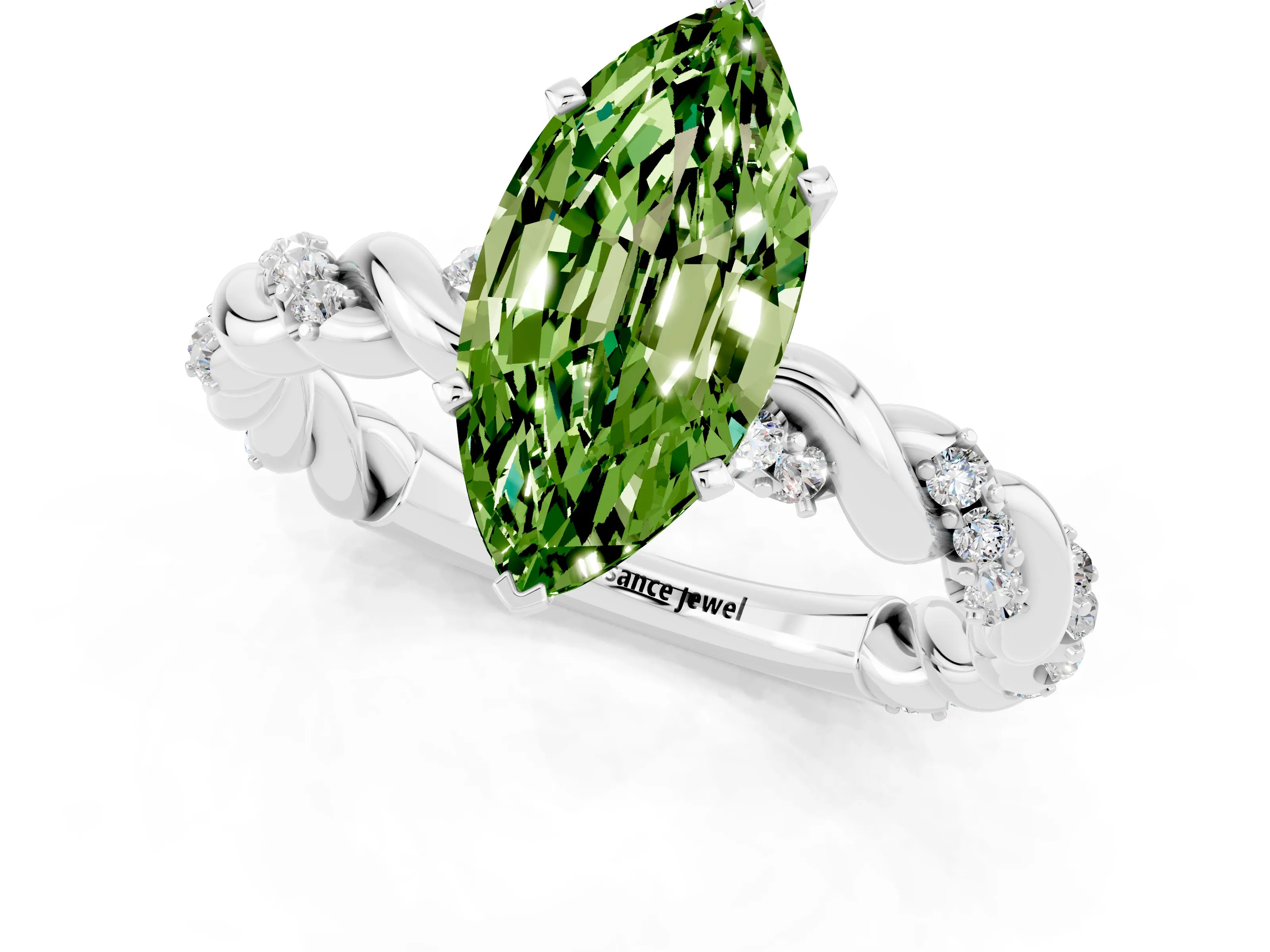 White gold Marquise Cut Peridot Solitaire Ring with Twisted Band and Pavé Accents_1