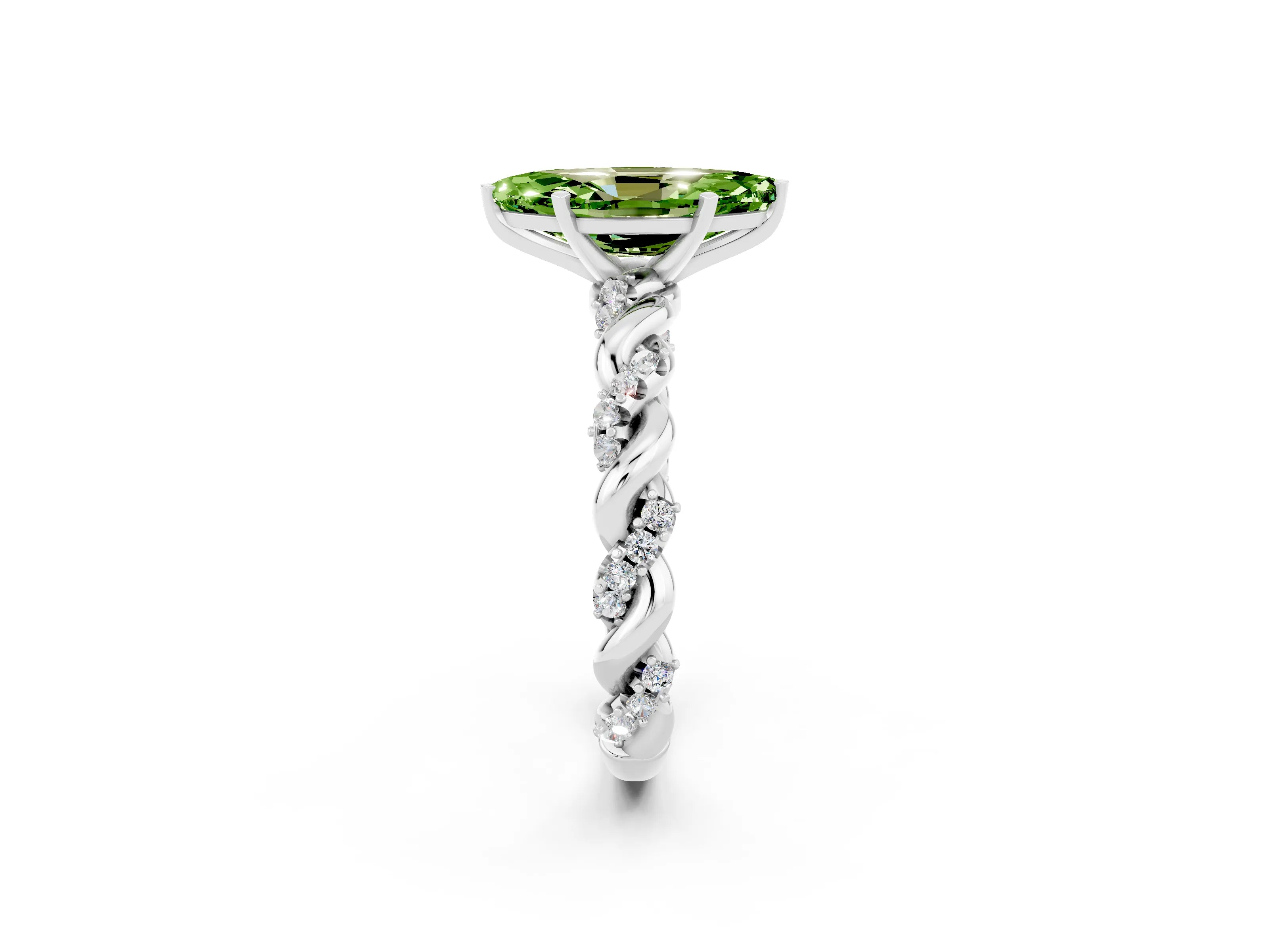 White gold Marquise Cut Peridot Solitaire Ring with Twisted Band and Pavé Accents_2