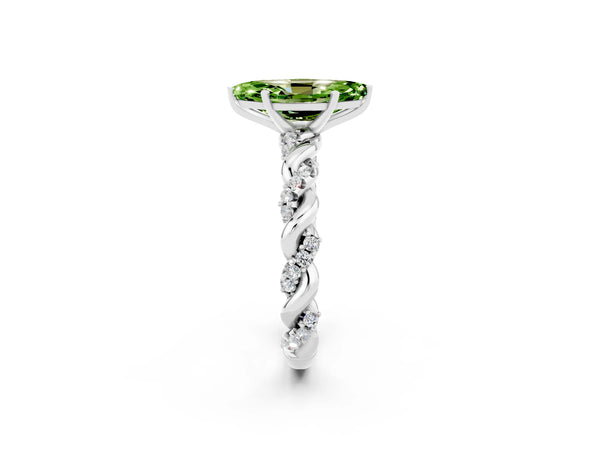 Silver Marquise Cut Peridot Solitaire Ring with Twisted Band and Pavé Accents