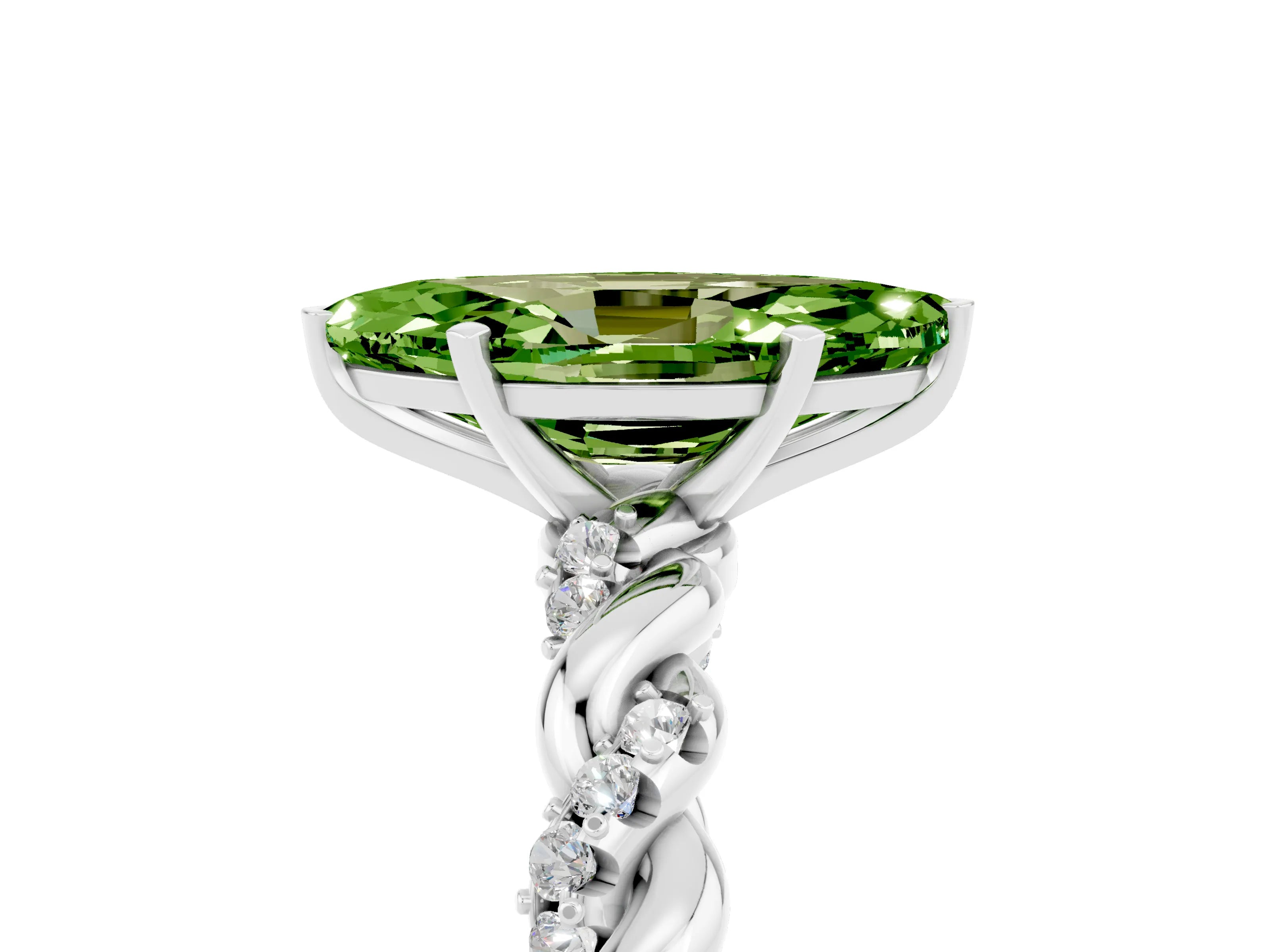 White gold Marquise Cut Peridot Solitaire Ring with Twisted Band and Pavé Accents_5