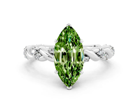 White gold Marquise Cut Peridot Solitaire Ring with Twisted Band and Pavé Accents