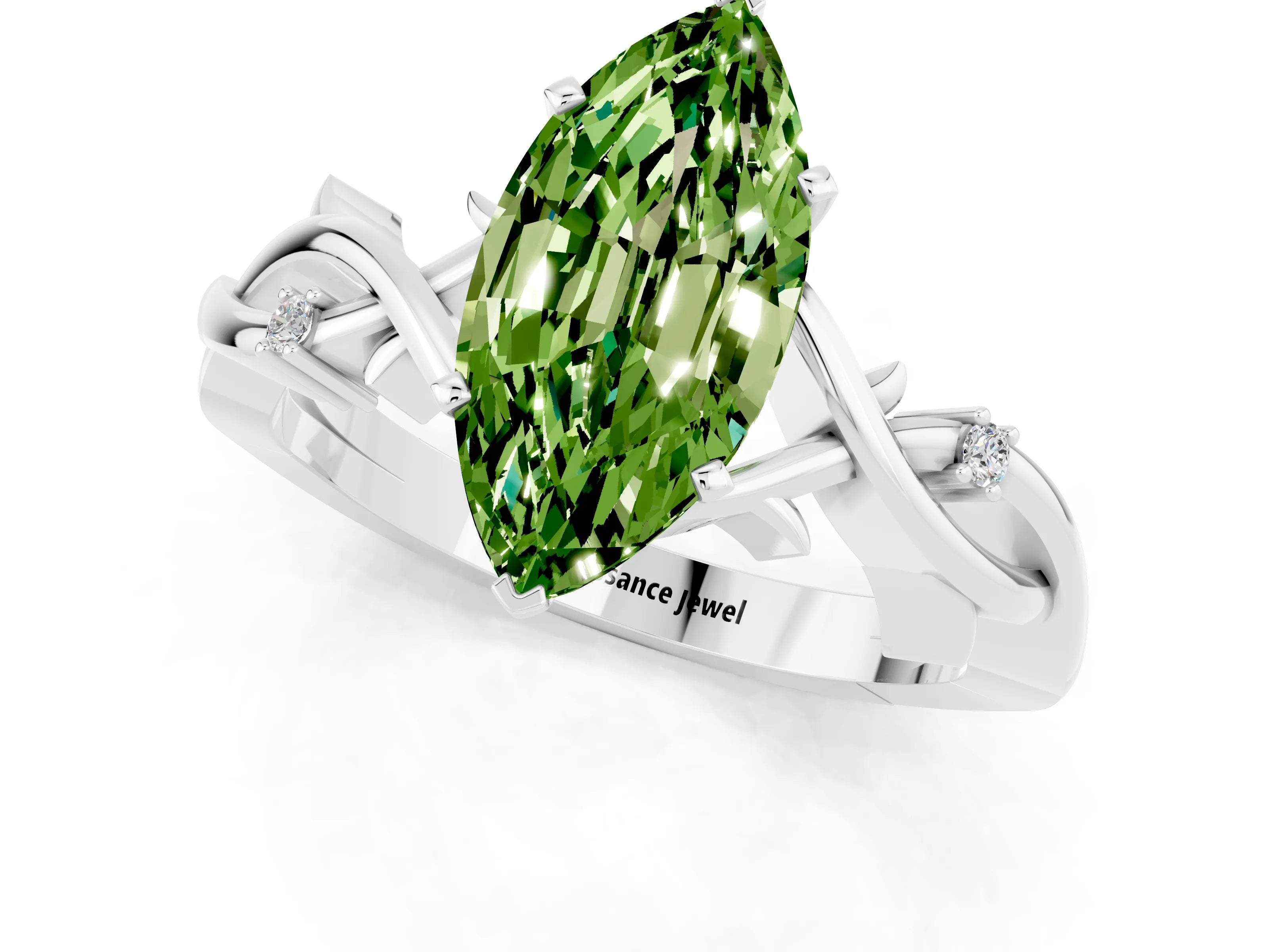 White gold Marquise Cut Peridot Solitaire Ring with Twisted Band and Prong Setting_1