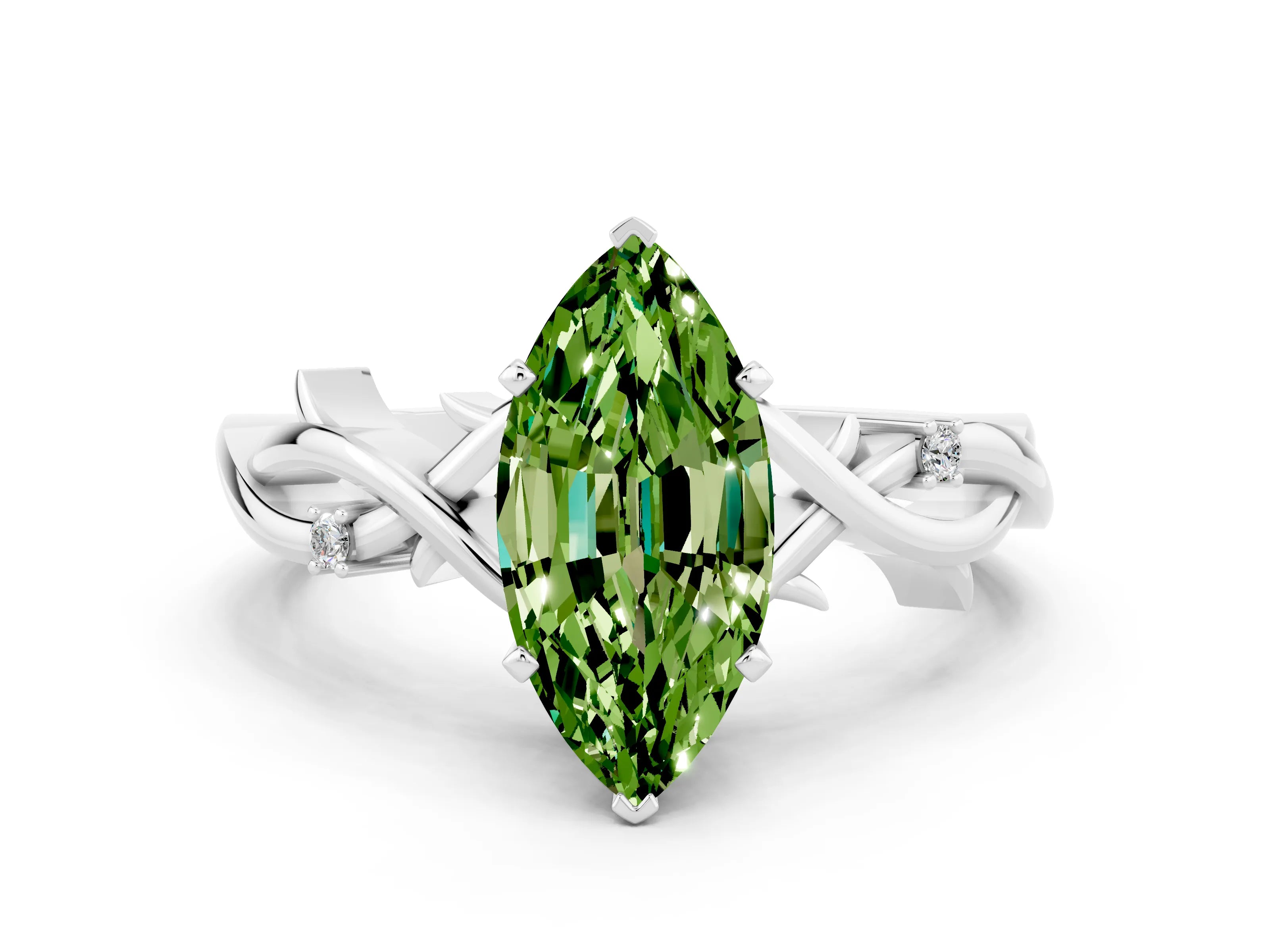 White gold Marquise Cut Peridot Solitaire Ring with Twisted Band and Prong Setting_12