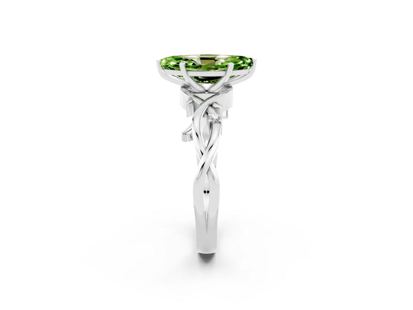 Silver Marquise Cut Peridot Solitaire Ring with Twisted Band and Prong Setting