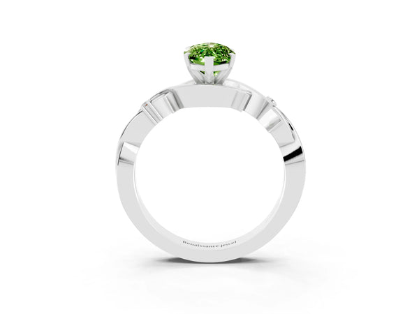 Silver Marquise Cut Peridot Solitaire Ring with Twisted Band and Prong Setting