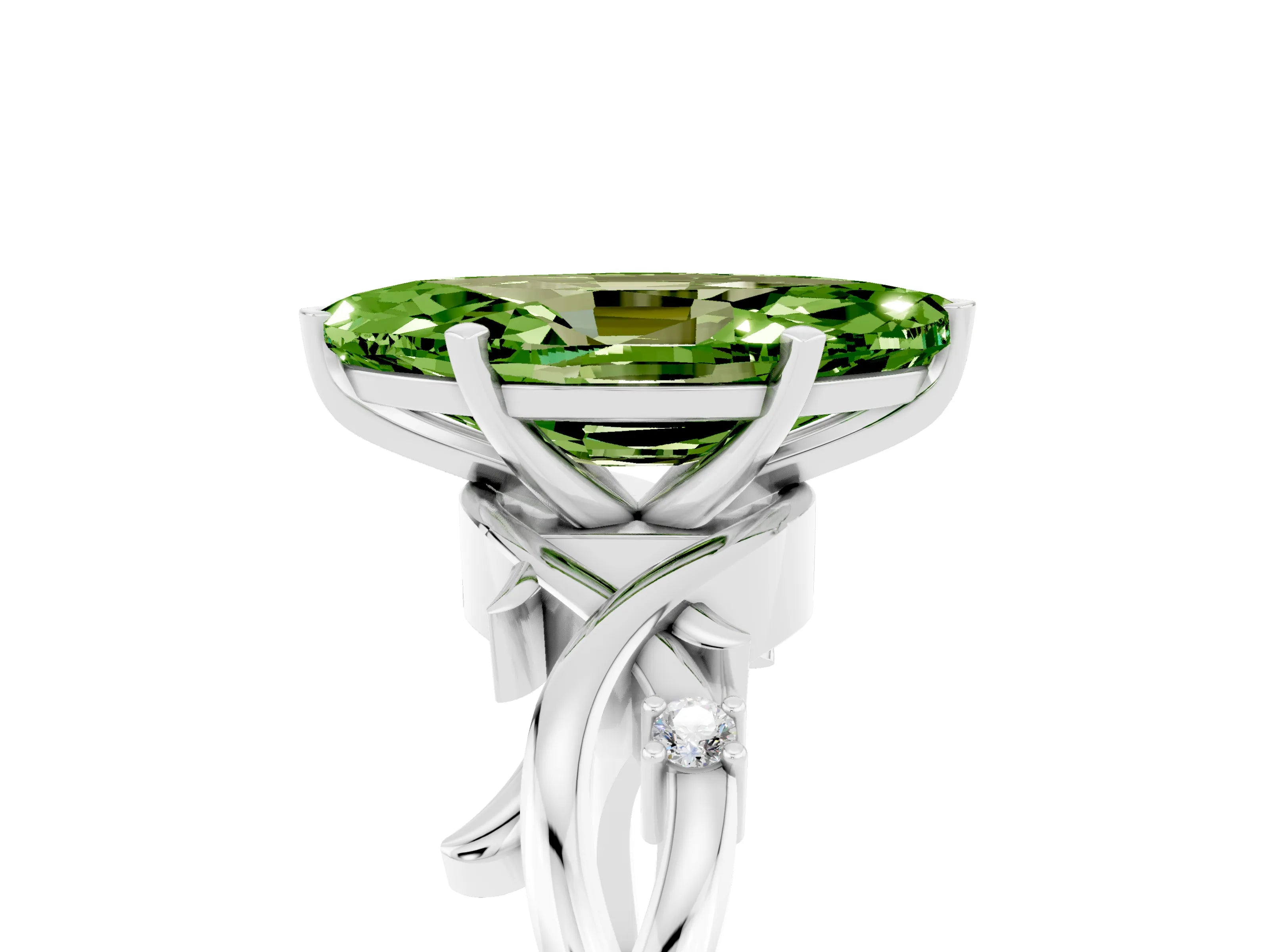 White gold Marquise Cut Peridot Solitaire Ring with Twisted Band and Prong Setting_5