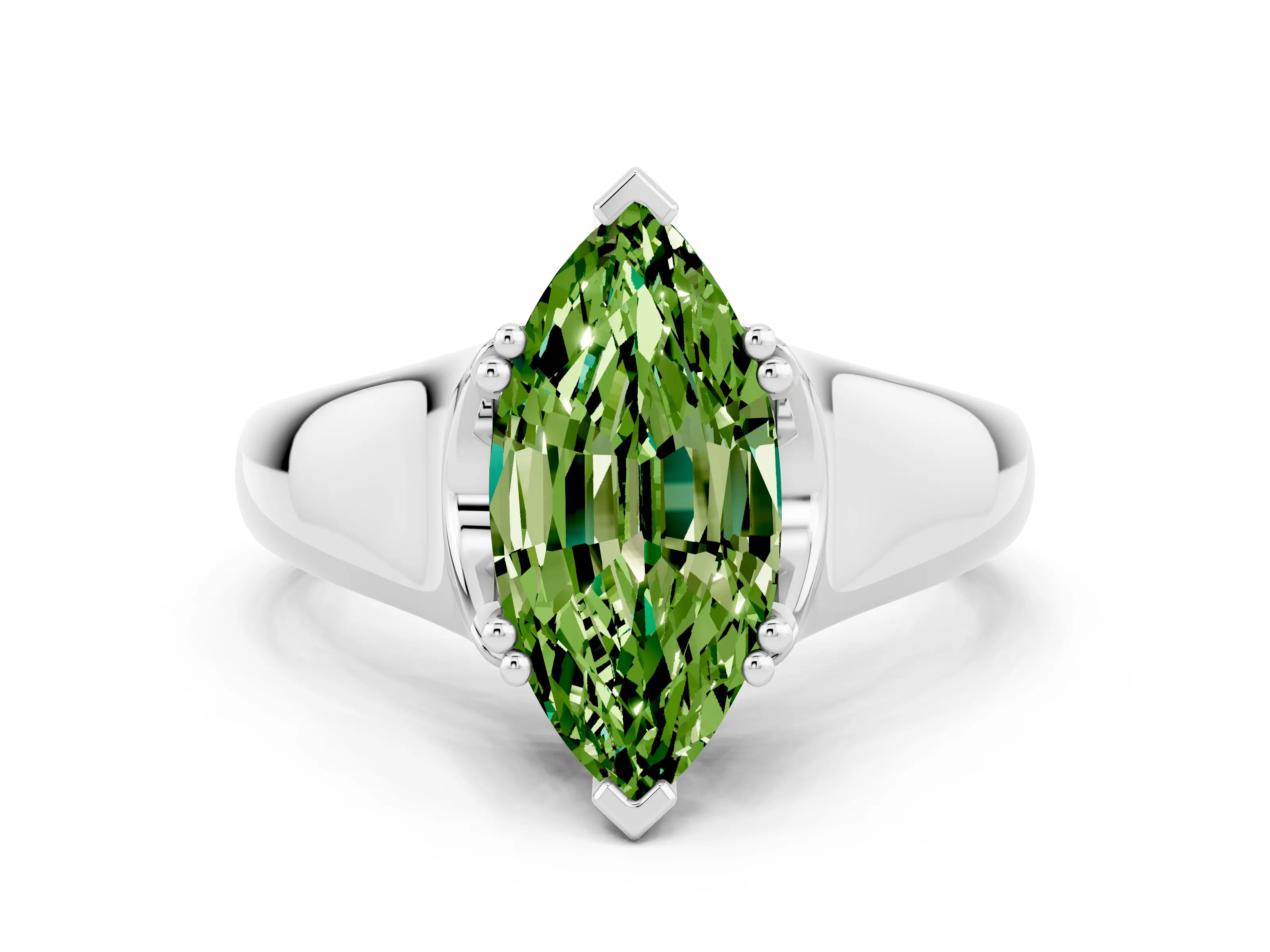White gold Marquise Cut Peridot Solitaire Ring with Wide Band and Prong Setting
