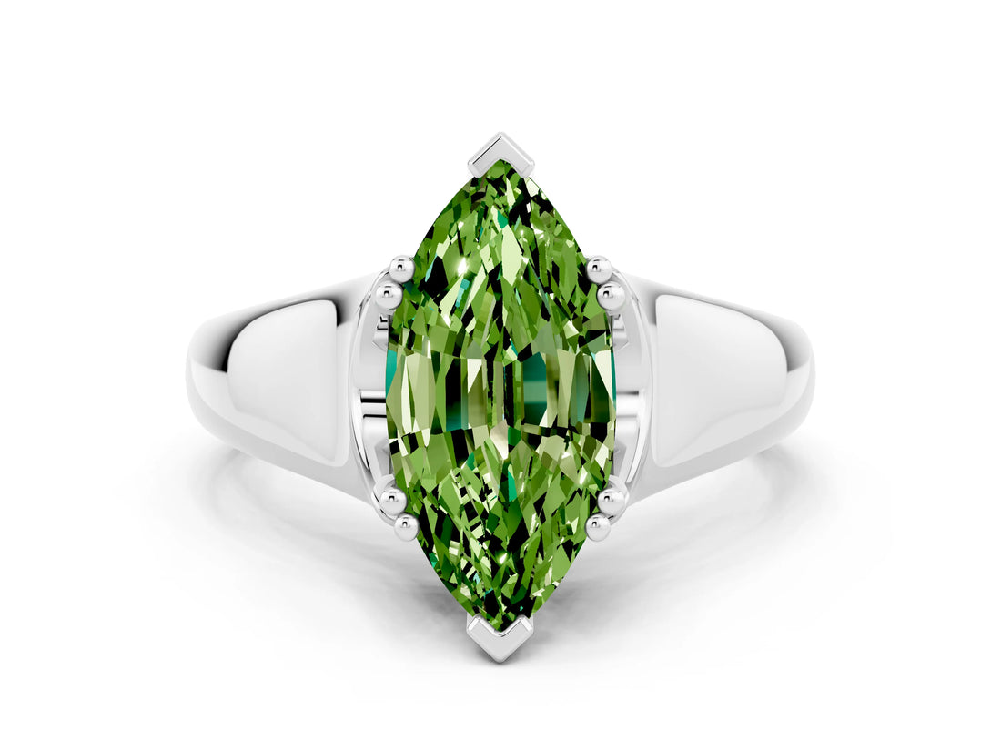 White gold Marquise Cut Peridot Solitaire Ring with Wide Band and Prong Setting
