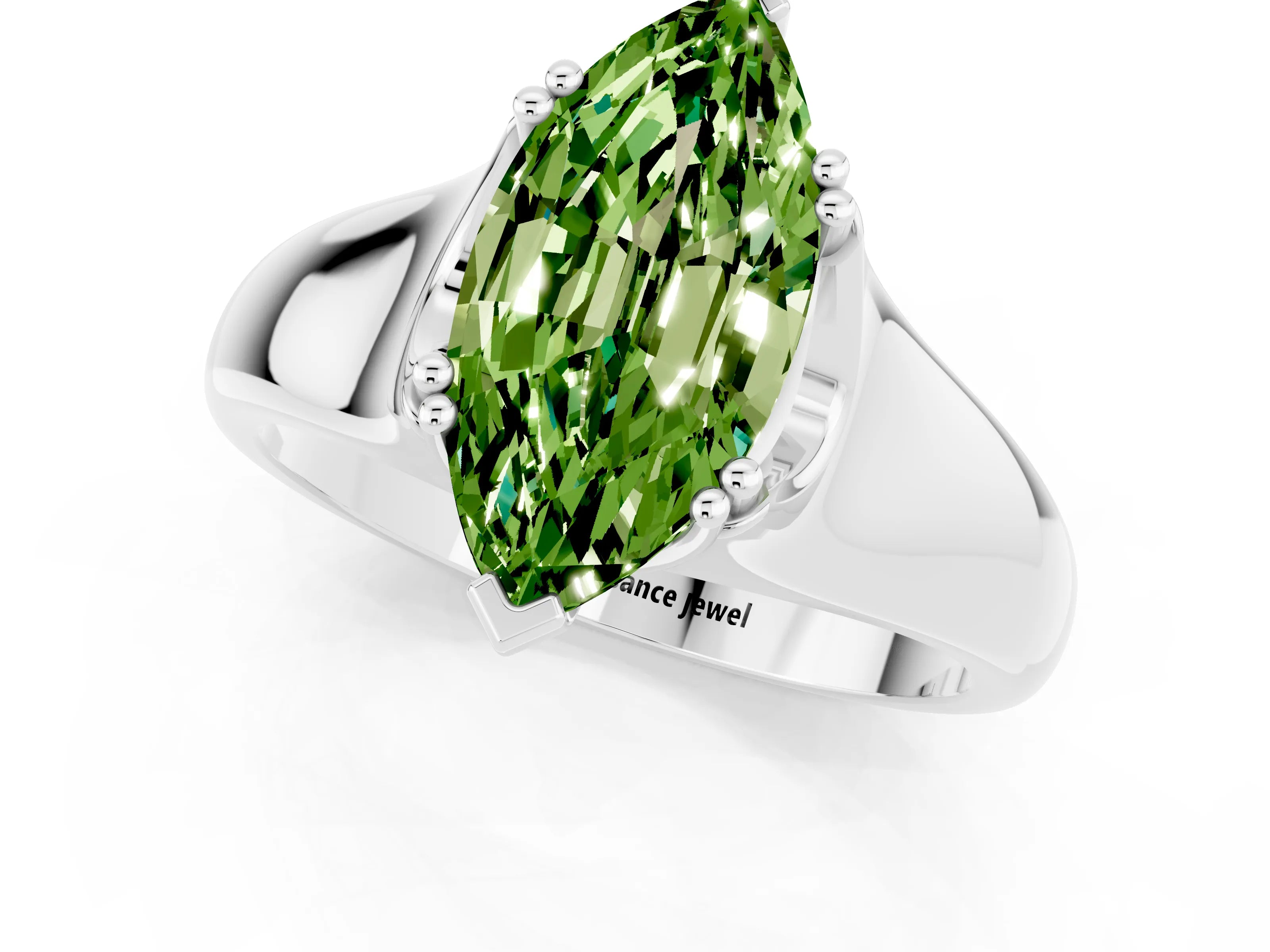 White gold Marquise Cut Peridot Solitaire Ring with Wide Band and Prong Setting_1