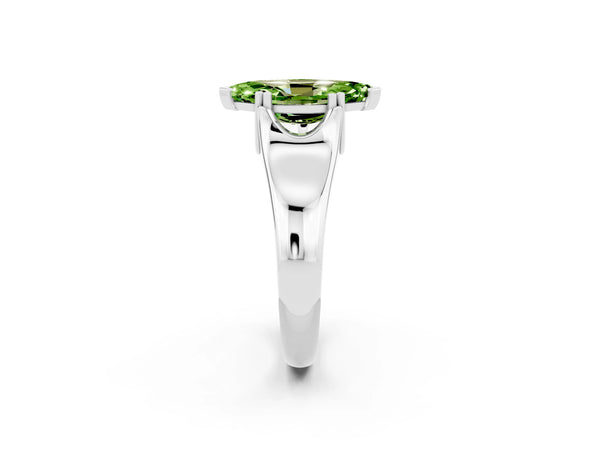 Platinum Marquise Cut Peridot Solitaire Ring with Wide Band and Prong Setting